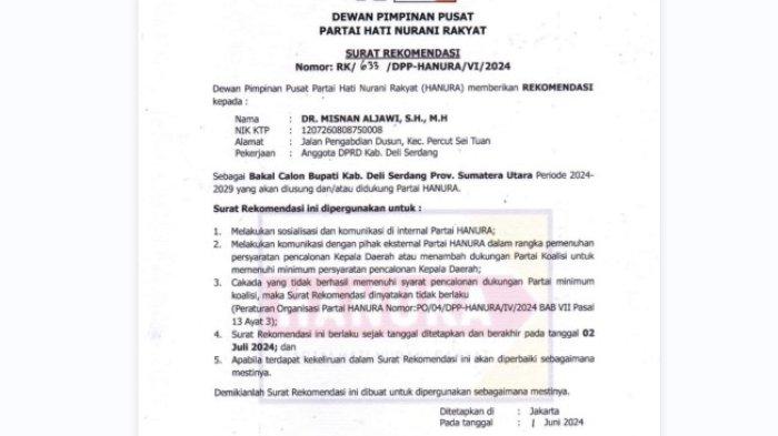 SK dukungan dari DPP Hanura untuk Misnan Al Jawi.
