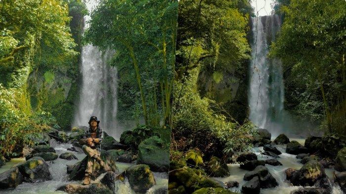 Salah satu pengunjung yang sampai di lokasi Air Terjun Purwosari, berfoto di tengah keindahannya