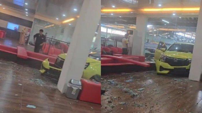 Tangkapan layar video yang memperlihatkan kondisi mobil Honda Brio yang menyeruduk masuk ke sebuah ruangan showroom di Palembang