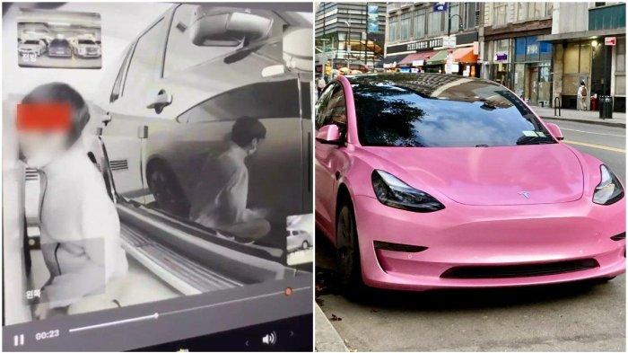 VIRAL Detik-detik Pria Bercinta dengan Mobil Tesla Pink di Parkiran, Pemilik Sampai Syok Lihat CCTV