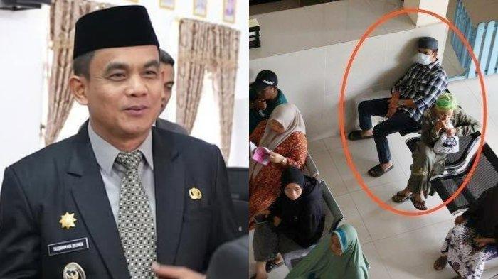 WAKIL BUPATI NYAMAR - (Kiri) Wakil Bupati Pinrang, Sulawesi Selatan (Sulsel) Sudirman Bungi dan (Kanan) Wakil Bupati Pinrang, Sudirman Bungi (lingkaran merah mengenakan masker) menyamar jadi pasien saat sidak di Puskesmas Puskesmas Mattombong, Kecamatan Mattiro Sompe, Pinrang, Selasa (3/6/2025).