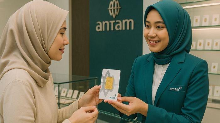 EMAS ANTAM- Ilustrasi seorang wanita saat berbelanja emas Antam di Butik Antam. Ilustrasi ini dibuat menggunakan aplikasi kecerdasan buatan atau AI, Senin (7/7/2025).