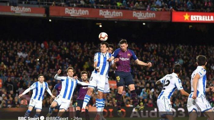 Clement Lenglet mencetak gol Barcelona ke gawang Real Sociedad, 20 April 2019.