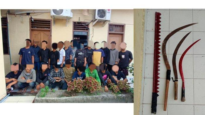 Kolase foto senjata tajam dan Ke-22 remaja geng motor yang hendak tawuran RA (19), AP (20), PF (21), MRF (20), R (24), BDA (17), ADP (16), ZW (15), AW (17), MES (16), AS (18), DP (16), GA (18), MAR (18), MWA (18), RM (17), DP (19), FA (16), SD (15), DP (13), MM (21), dan R (15) saat ditankap Polsek Hamparan Perak, Senin (27/5/2024).