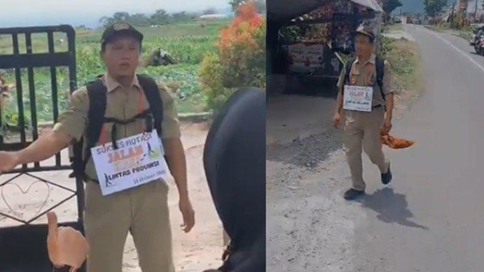 Aksi jalan kaki lintas provinsi yang dilakukan Andrianto, seorang guru SMP yang baru saja mendapatkan mutasi.