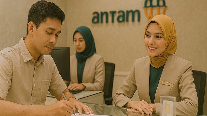 PEMBELIAN ANTAM- Ilustrasi seorang pria tengah melakukan pembelian emas Antam. Ilustrasi ini dibuat menggunakan aplikasi kecerdasan buatan atau AI, Kamis (10/7/2025).