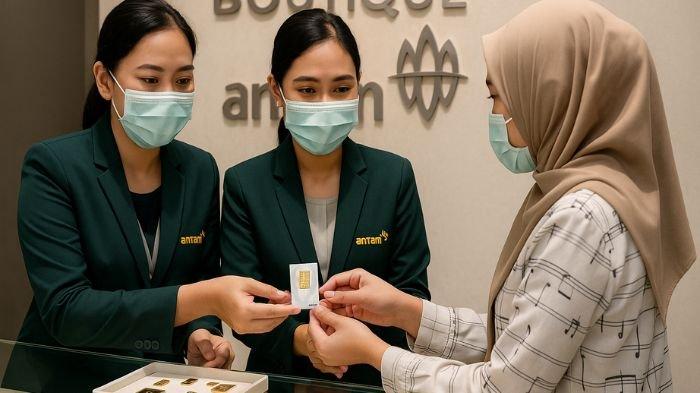 PEMBELIAN ANTAM- Ilustrasi seorang wanita tengah melakukan pembelian emas Antam yang dilayani dua orang petugas wanita. Ilustrasi ini dibuat menggunakan aplikasi kecerdasan buatan atau AI, Jumat (11/7/2025).