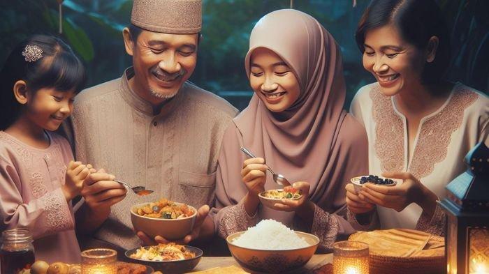 SAHUR- Ilustrasi keluarga muslim saat melaksanakan sahur untuk menjalankan ibadah puasa sunnah.