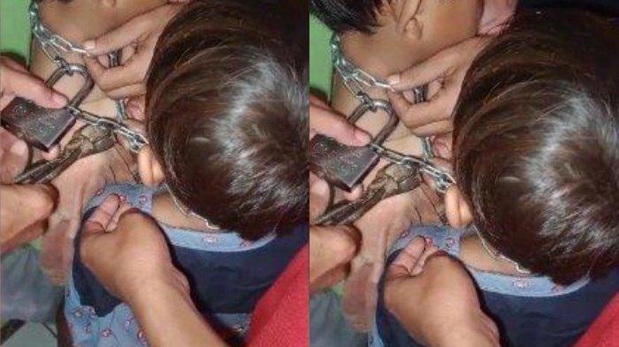 Tangkapan layar video viral saat warga memotong rantai pada leher dua bocah SD di Desa/Kecamatan Jatiwangi, Kabupaten Majalengka.
