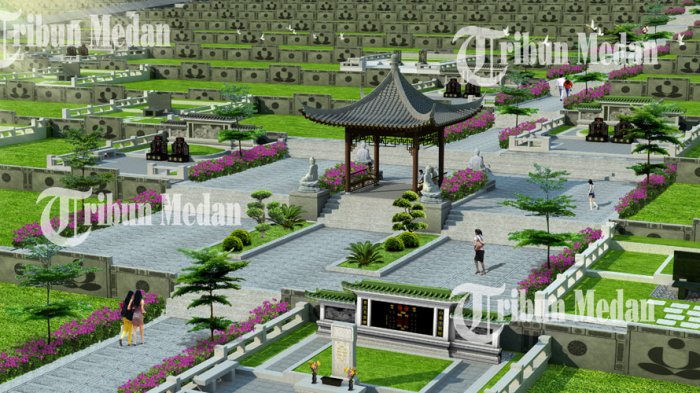 Maket makam Nirvana Memorial Park yang terletak di Jalan Jamin Ginting, KM 30 atau tiga kilometer sebelum Sembahe, Desa Bingkawan, Sibolangit, Deliserdang.