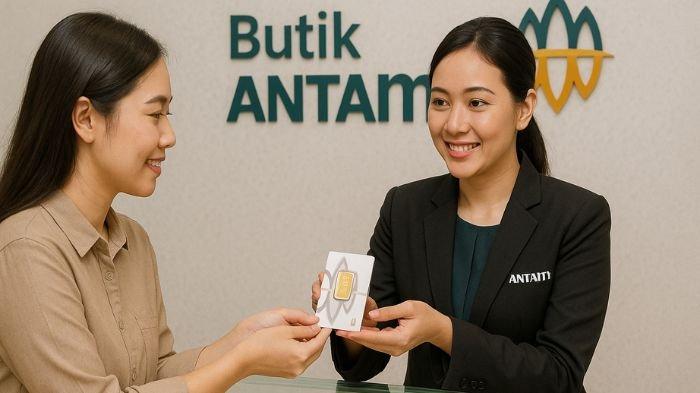 BELI EMAS- Ilustrasi seorang wanita membeli emas Antam untuk keperluan investasi. Ilustrasi ini dibuat menggunakan aplikasi kecerdasan buatan atau AI, Rabu (9/7/2025).