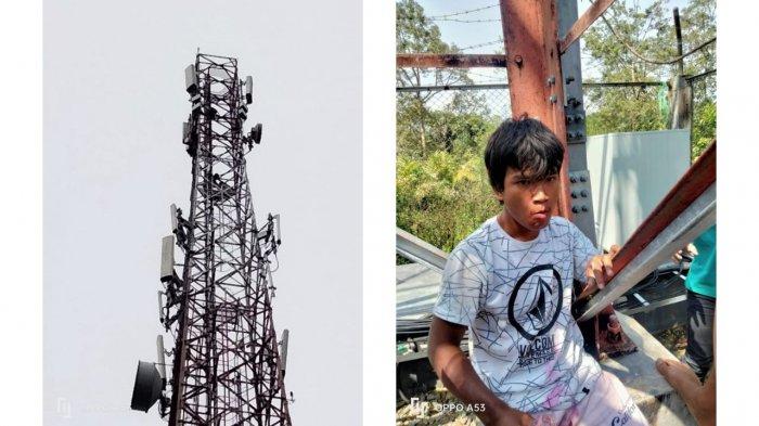 Warga Gortak Nagori simpang Raya Dasma, Kecamatan Panei, Kabupaten Simalungun RA (18) saat dibujuk untuk turun dari tower setinggi 72 meter