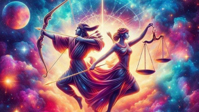 RAMALAN ZODIAK- Ilustrasi ini dibuat menggunakan aplikasi kecerdasan buatan atau AI, Selasa (15/4/2025). Menurut ramalan zodiak Sagitarius dan Libra, keduanya punya masalah asmara yang hampir sama.
