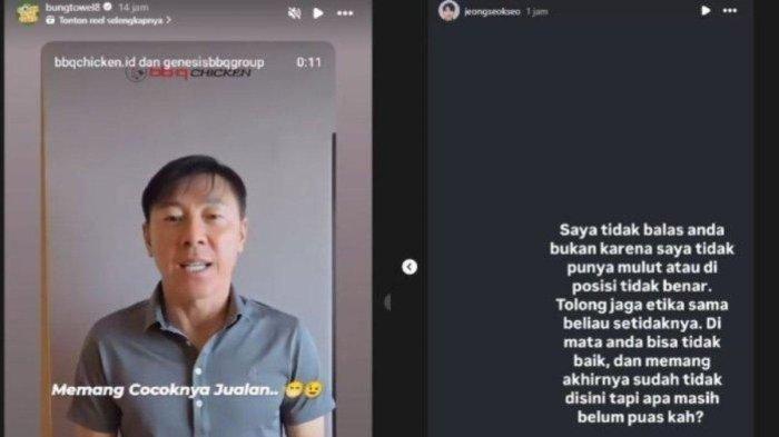 Kolase foto Bung Towel yang masih nyinyir kepada eks pelatih Timnas Indonesia Shin Tae-yong (kiri), yang mana membuat mantan asisten di skuad Garuda, yakni Jeong Seok-seo alias Jeje jadi meradang (kanan), Senin (13/1). (Instagram/bungtowel8, jeongseokseo)