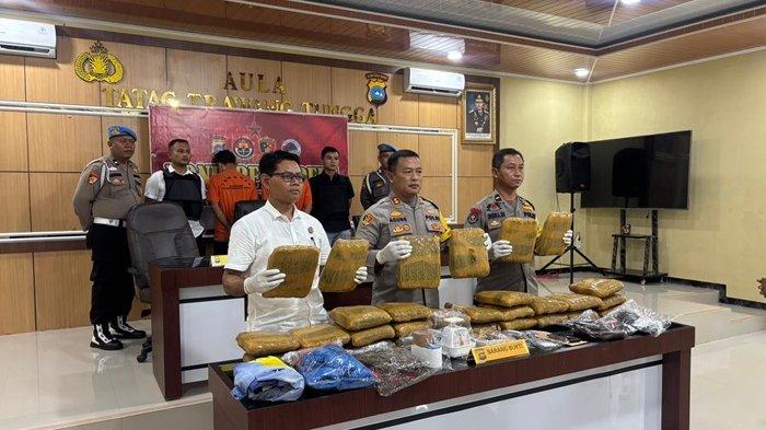 Kapolres Pasaman Barat AKBP Agung Tribawanto didampingi Kasat Res Narkoba AKP Eri Yanto dan Kasi Humas Ipda Indra Rakhmat Santoso saat konferensi pers di Aula Polres setempat, Rabu (13/11/2024) siang.