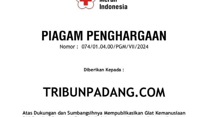 PALANG Merah Indonesia (PMI) Sumatera Barat (Sumbar) memberikan penghargaan kepada Padang.com Tribun Network atau jaringan Tribunnews, Kompas Gramedia, lantaran dinilai telah mendukung kegiatan kemanusiaan, selama ini.