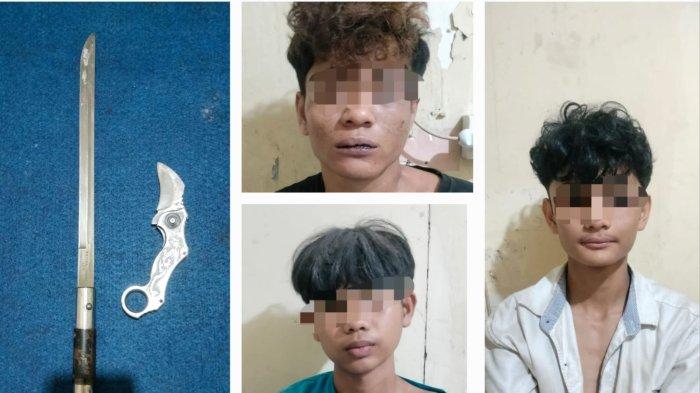 PENANGKAPAN PELAKU PEMERASAN- Ketiga pelaku pengancaman dan pemerasan saat diamankan ke Polsek Lubuk Kilangan, Minggu (8/6/2025). Ketiga pelaku diamankan karena melakukan pengancaman menggunakan senjata tajam serta mengambil ponsel korban.