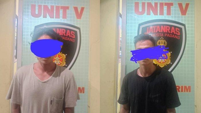 TINDAKAN PENGANIAYAAN : Kedua pelaku AS dan DB saat diamankan ke Mapolresta Padang, Kamis (22/5/2025). Kedua pelaku diamankan karena melakukan penganiayaan dengan cara menusuk korban menggunakan pisau.