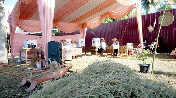 TPS 02 Desa Pauah Timur, Pariaman Tengah, Kota Pariaman menghadirkan jerami, mesin bajak, nampan dengan konsep petani, Sabtu (13/7/2024). Selain konsep tani, TPS ini juga didirikan di hamparan sawah