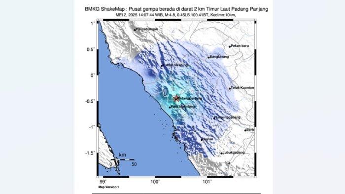 GEMPA BUMI SUMBAR- ShakeMap, pusat gempa di Padang Panjang dengan kedalaman 10 kilometer. Kepala BMKG Padang Panjang, Suaidi Ahadi sebut gempa diakibatkan oleh aktivitas sesar Sianok.
