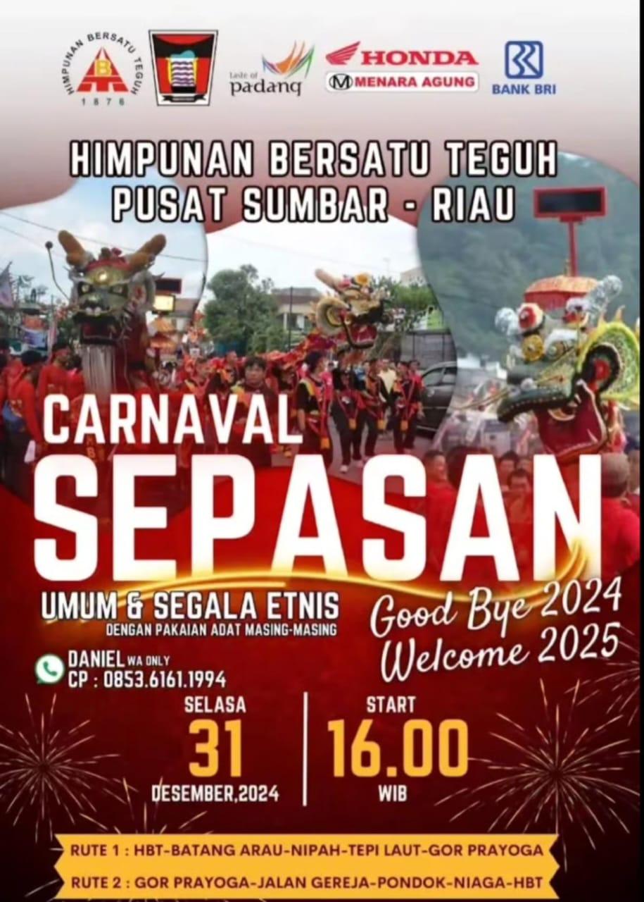 Pemerintah Kota Padang bersama Himpunan Bersatu Teguh (HBT) Pusat Sumbar-Riau akan menggelar Carnaval Sepasan dalam rangka menyambut tahun baru 2025, Selasa (31/12/2024).