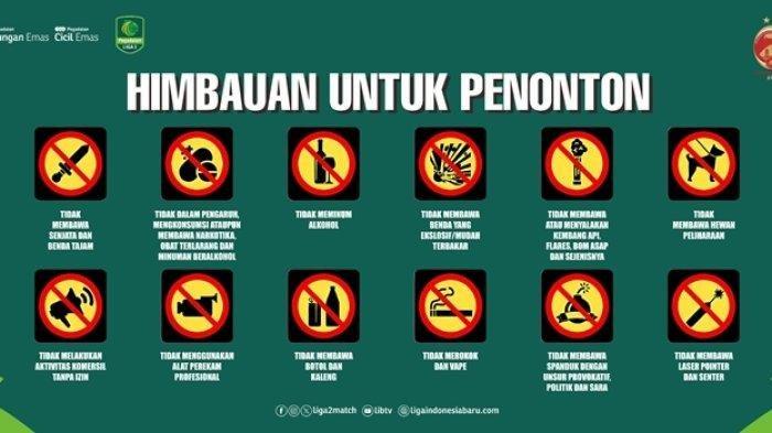 HIMBAUAN PANPEL - Himbauan Panpel laga home Sriwijaya FC vs Persikota Tangerang agar penonton tidak melakukan 12 yang dilarang ini saat masuk ke Stadion Gelora Sriwijaya Jakabaring Palembang, Selasa (4/2/2025) nanti,