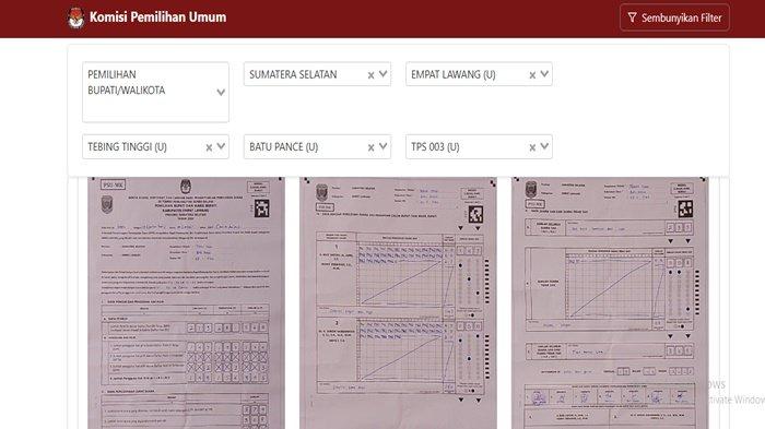 PSU EMPAT LAWANG -- Tangkap layar website KPU, Sabtu (19/4/2025). Memperlihatkan hasil sementara rekapitulasi PSU Empat Lawang di TPS 003 Kelurahan Batu Pance, Kecamatan Tebing Tinggi. Paslon 02 Joncik Muhammad-Arifai unggul. (website KPU)