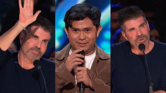Cakra Khan (tengah) tampil di America's Got Talent, Simon Cowell (kiri) lambaikan tangan saat ia bernyanyi.