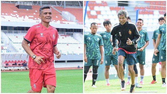 Pelatih Kepala Hendri Susilo dan Pelatih Fisik Dino Sepriyanto ikut latihan bareng skuad tim Sriwijaya FC pada Oficial Training di Stadion Gelora Sriwijaya Jakabaring Palembang, Sabtu (18/11/2023).