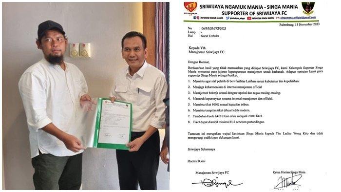 Ketum Singa Mania Yayan Hariansyah menyampaikan Surat Terbuka berisikan 8 poin tuntutan dan diterima Manajer Tim Sriwijaya FC H Hendriansyah yang juga Direktur Marketing PT SOM di Cafe Monte Jl KH A Dahlan, Rabu (15/11/2023).