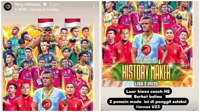 HISTORY MAKER SFC - Pelatih kiper Ferry Rotinsulu dengan bangga memposting kedua pemain Sriwijaya FC ini di insta storynya dengan sebutan History Maker Liga 2 2024/25. Ia menyebut sosok coach Hendri Susilo sebagai motivator andil membawa Muhammad Fadly dan reyhan Firdaus dipanggil seleksi Timnas Indonesia U23.