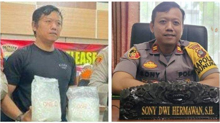 KASAT NARKOBA DITANGKAP - (KIRI) Foto Iptu Sony Dwi Hermawan saat menjabat Kapolsek Nunukan Kota dan (KANAN) Iptu Sony saat merilis kasus ganja sintetis pada Selasa (02/10/2023). Berikut sosok Iptu Sony yang ditangkap Mabes Polri diduga terlibat kasus penyelundupan narkoba.