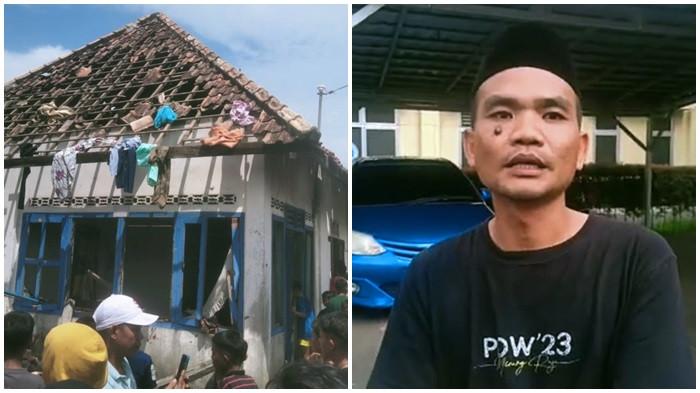 RUMAH PELAKU DIRUSAK - Rumah keluarga Rozi Yanto (20) di desa Menang Raya, Kecamatan Pedamaran Kabupaten OKI dirusak warga yang emosi. Sementara keluarga Rozi Yato sudah diungsikan polisi. (Kanan) Kades Menang Raya, Rian Syaputra.