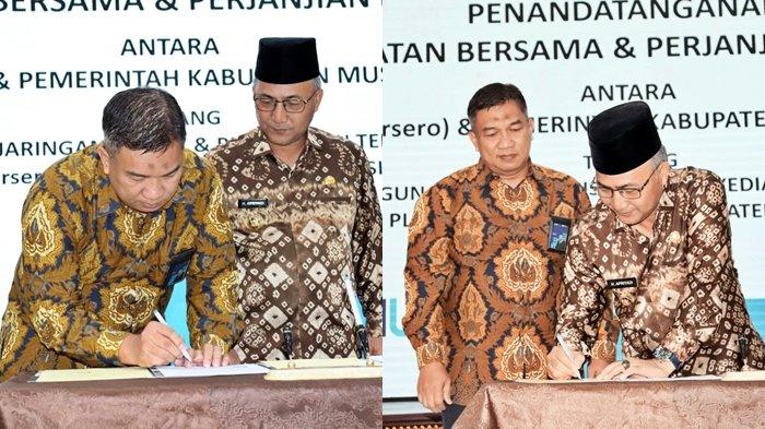 Penandatanganan Kesepakatan Bersama dan Perjanjian Kerjasama Pembangunan Jaringan dan Penyediaan Tenaga Listrik antara PLN Unit Induk Distribusi Sumatera Selatan Jambi dan Bengkulu (UID S2JB) dengan Pemerintah Kabupaten (Pemkab) Musi Banyuasin pada Kamis (21/12/2023).