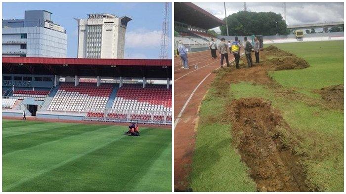 Kolase lapangan Stadion Bumi Sriwijaya Palembang dibongkar merupakan bagian renovasi dilakukan Kementerian PUPR untuk memenuhi standar keamanan dan keselamatan.