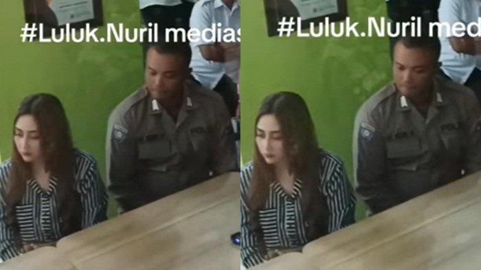 Luluk Nuril (kiri) datangi sekolah didampingi suami, tertunduk pasrah.