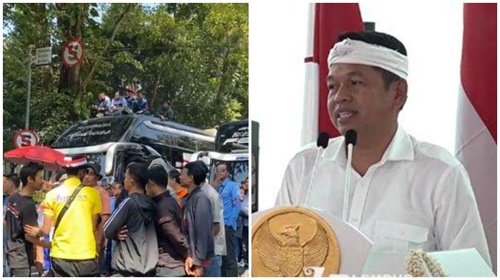 DEMO BUS PARIWISATA - Ribuan pekerja di Jawa Barat melakukan unjuk rasa di depan kantor Gubernur Jawa Barat, Gedung sate, Jalan Diponegoro, Kota Bandung pada Senin (21/7/2025) (kiri). Potret Gubernur Jawa Barat, Dedi Mulyadi (kanan). Penyebab Dedi Mulyadi kekeuh larang sekolah gelar study tour terungkap.