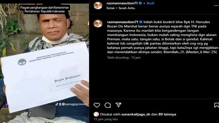 RAZMAN BONGKAR BUKTI - Tangkapan layar Instagram Razman Nasution Rabu (7/5/2025). Razman Nasution bongkar bukti hubungan Hercules dan TNI