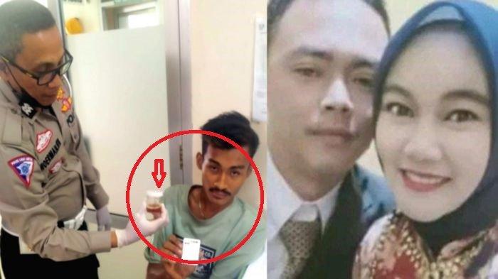 Anggota Satlantas Polres Banyuasin menunjukkan hasil tes urine Dewa Tabrani Sampurna Jaya (kiri). Hasil tes menunjukkan Dewa positif mengkonsumsi narkoba jenis sabu-sabu saat mengemudikan truk yang menabrak pasutri Romi Yudistira dan Ajeng Kusula Wardani hingga tewas di Jalan Lintas Timur Km 42 Kelurahan Pangkalan Balai Kabupaten Banyuasin Provinsi Sumatera Selatan, Selasa (22/8/2023) pagi.