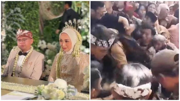 SOSOK BERPOTENSI TERSANGKA - Tangkapan layar video pernikahan Wabup Garut Putri Karlina dan Maula Akbar, putra sulung Dedi Mulyadi di Pendopo Kabupaten Garut, Rabu (16/7/2025)(kiri). Suasana berdesakan saat acara makan gratis resepsi pernikahan anak Gubernur Jawa Barat Dedi Mulyadi, Jumat (18/7/2025). Pakar hukum ungkap sosok yang berpotensi tersangka tewasnya 3 orang dalam insiden makan gratis pernikahan anak Dedi Mulyadi.