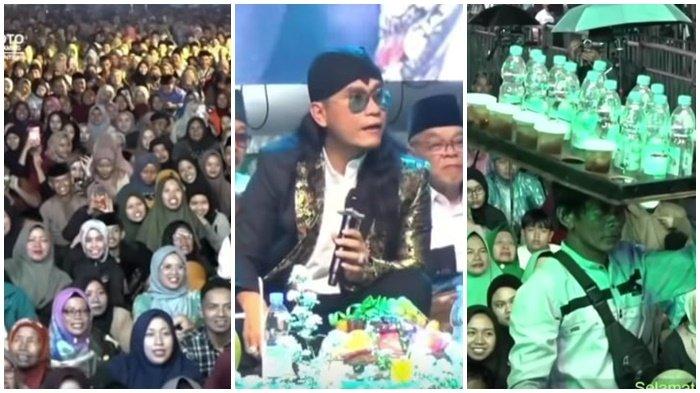 Suasana jemaah yang hadir pengajian di Magelang bersama Gus Miftah (kiri) Gus Miftah saat berdakwah di Magelang (tengah) penjual es di tengah kumpulan jemaah di Magelang.