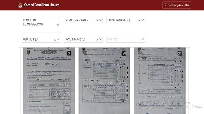 PSU EMPAT LAWANG -- Tangkap layar website KPU, Sabtu (19/4/2025). Memperlihatkan hasil sementara rekapitulasi PSU Empat Lawang di TPS 001 Kelurahan Batu Bidung, Kecamatan Ulu Musi. Paslon 02 Joncik Muhammad-Arifai unggul. (website KPU)