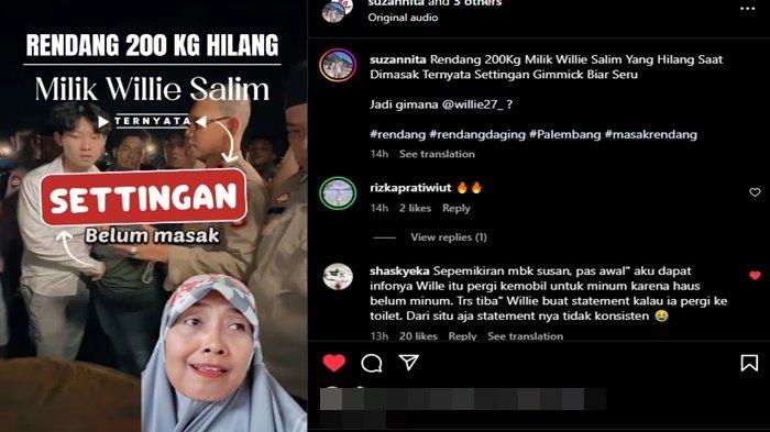 TANGGAPAN INFLUENCER SUZANNITA - Tangkapan layar Instagram Influencer Suzannita. Tanggapan Influencer Suzannita soal konten rendang 200 Kg milik Willie Salim.