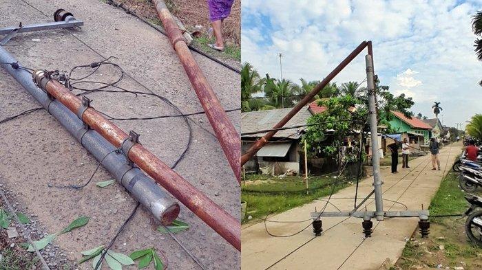 Tiang listrik di Desa Sungai Semut, Kecamatan Makarti Jaya, Kabupaten Banyuasin roboh diterpa angin kencang, Rabu (1/11/2023).