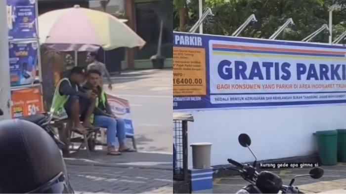 Viral tukang parkir tetap nongkrong di depan minimarket kendati sudah ada imbauan parkir gratis, Minggu (24/12/2023).