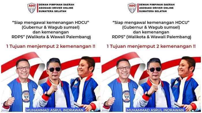 Ketua DPD ADO Sumsel (Dewan Pimpinan Asosiasi Driver Online Sumatera Selatan) Asrul Indrawan menyatakan siap mengawal kemenangan HDCU di Pilgub Sumsel 2024 dan RDPS di Pilkada Palembang 2024.