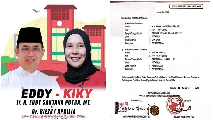 Beredar camscanner surat Model B Persetujuan Parpol B1KWK paslongub Sumsel ESP-Kiky ini yang ditandatangani Ketua Umum DPP PDIP Megawati Soekarnoputri dan Sekjen Hasto Kristiyanto.