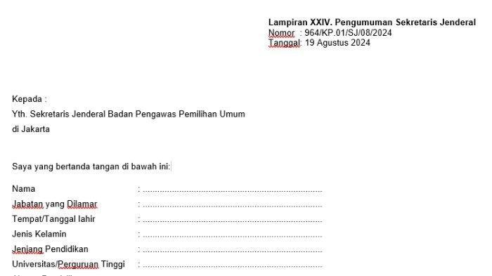 Berikut ini contoh format Surat Lamaran format Word untuk mendaftar Calon Pegawai Negeri Sipil (CPNS) Bawaslu 2024