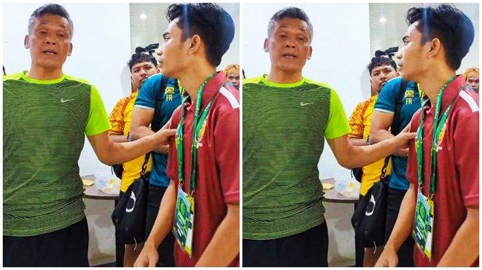 PESAN HENDRI SUSILO - Head coach Hendri Susilo (kiri) meminta Asisten Manjer Sriwijaya FC Randi Aksa (kanan) menyampaikan pesan kepada manajemen untuk mensegerakan melunasi kewajibannya membayar tunggakan gaji plus DP skuat SFC. Pertemuan di loker room Stadion Gelora Sriwijaya Jakabaring Palembang usai SFC menekuk Persikota Tangerang 1-0, Selasa (4/2/2025).