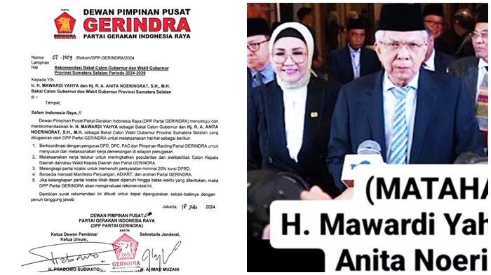 Ketua Umum DPP Partai Gerindra Prabowo Subianto akhirnya resmi merekomendasi pasangan Mawardi Yahya – RA Anita Noeringhati untuk maju dalam Pilgub Sumsel mendatang. Ini tertuang melalui surat bernomor 01/1009/Rekom/DPP-GERINDRA/2024 tertanggal 18 Juli 2024 yang ditandatangani Ketua Umum Prabowo Subianto dan Sekjen Ahmad Muzani.